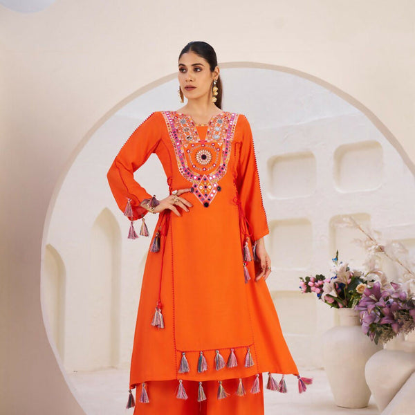 The52 Women's Gorgeous Rayon Fabric Thread Work Straight Kurta Palazzo Set - Distacart