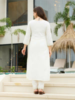 Thumbnail for The52 White Women's Beautiful Rayon Slub Fabric Embroidered Work Straight Kurta, Pant and Dupatta Set - Distacart