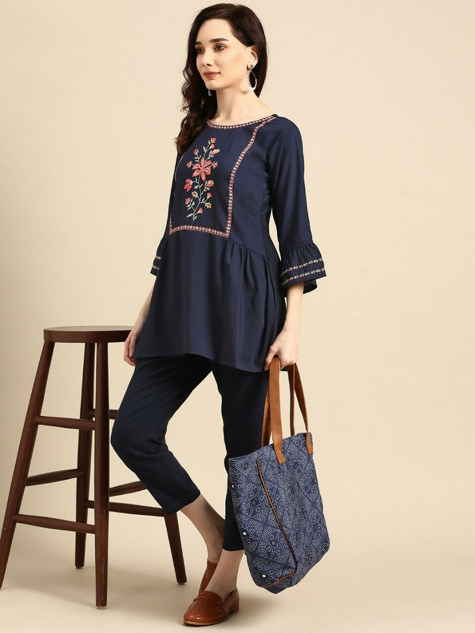 Women's Navy Blue Viscose blend Embroidered Short Top - Marina - Distacart