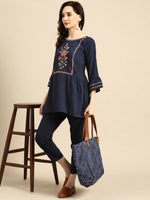 Thumbnail for Women's Navy Blue Viscose blend Embroidered Short Top - Marina - Distacart