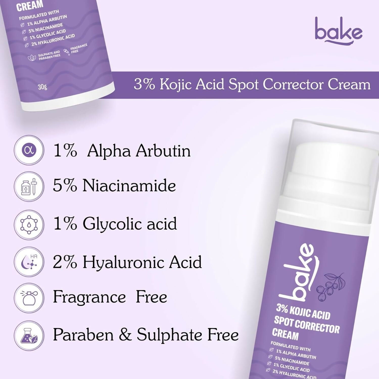 BAKE 3% Kojic Acid Spot Corrector Cream with Alpha Arbutin for Pigmentation