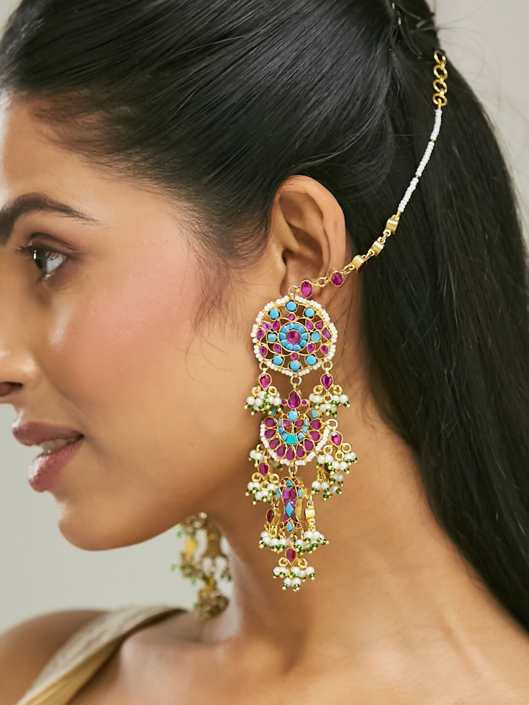 Nuyug 22K Gold-Plated Kundan Studded & Pearl Beaded Crescent Shaped Kanauti Earrings