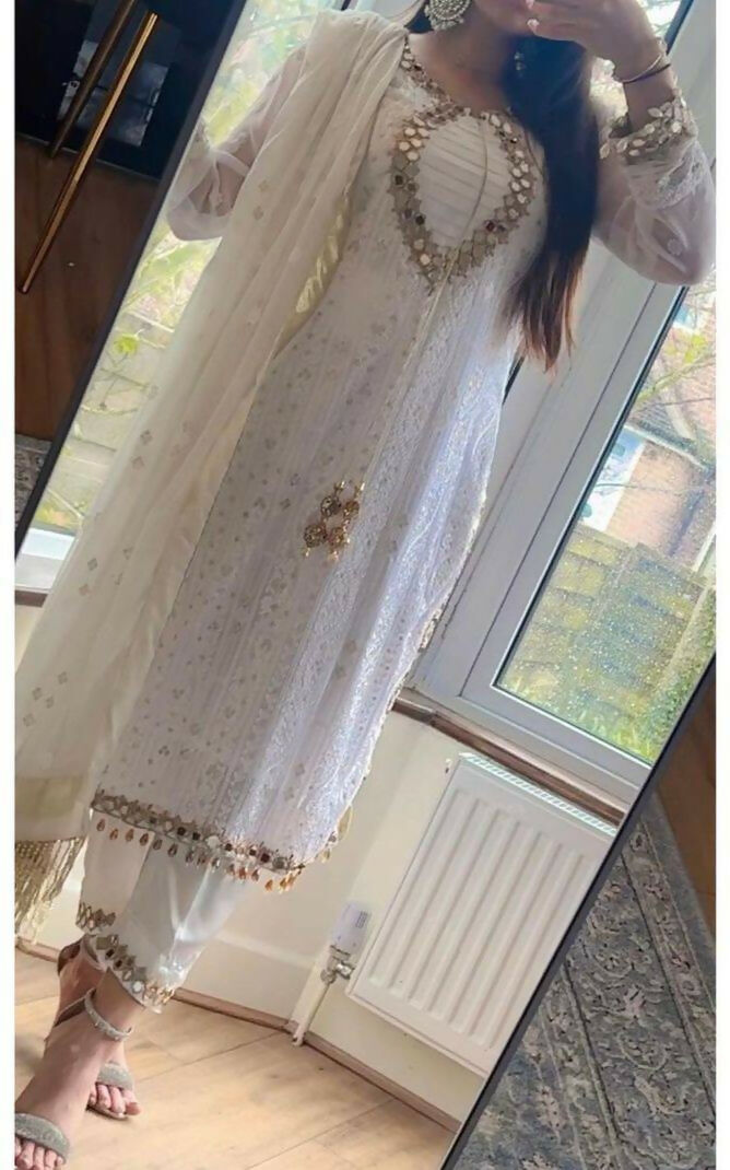 *DESIRABLE FANCY FAUX GEORGETTE SEQUENCE EMBROIDERED WORK TOP AND PENT WITH DUPATTA*