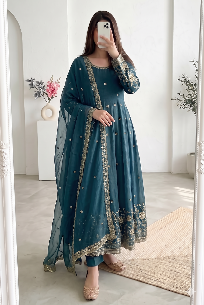 Teeya Creation New Stylish Trendy Elegant Teal Embroidered Anarkali Suit with Dupatta - Dista