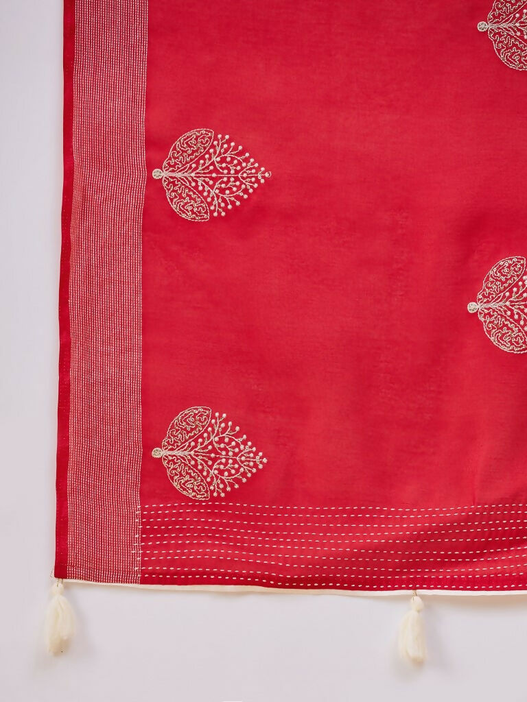 Red Cotton Blend Thread Embroidered Saree with Unstitched Blouse - Satya - Distacart