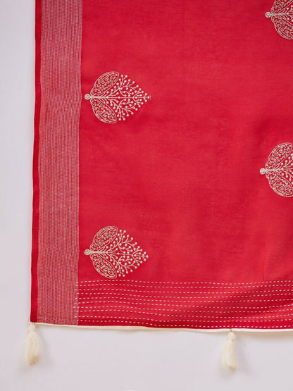 Red Cotton Blend Thread Embroidered Saree with Unstitched Blouse - Satya - Distacart