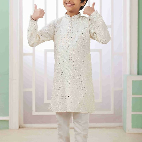 Raivat Ethnic Art Silk Embroidery Work Kids Kurta Pajama In Cream Colour - Distacart
