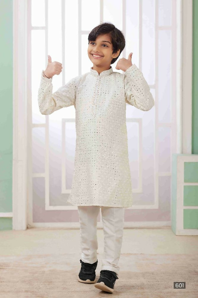 Raivat Ethnic Art Silk Embroidery Work Kids Kurta Pajama In Cream Colour - Distacart