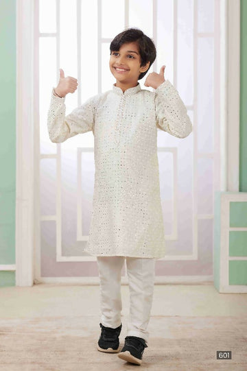 Raivat Ethnic Art Silk Embroidery Work Kids Kurta Pajama In Cream Colour - Distacart