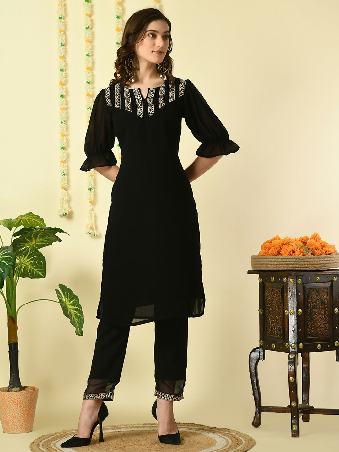Myshka Women's Black Georgette Kurta With Trousers Party Sets - Distacart