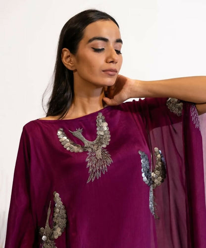 Timaraa Plum Hand Embellished Bird Kaftan Dress - Dista