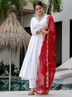 Thumbnail for The52 White Women's Gorgeous Embroidered Chanderi Fabric Straight Kurta, Pant and Dupatta Set - Distacart