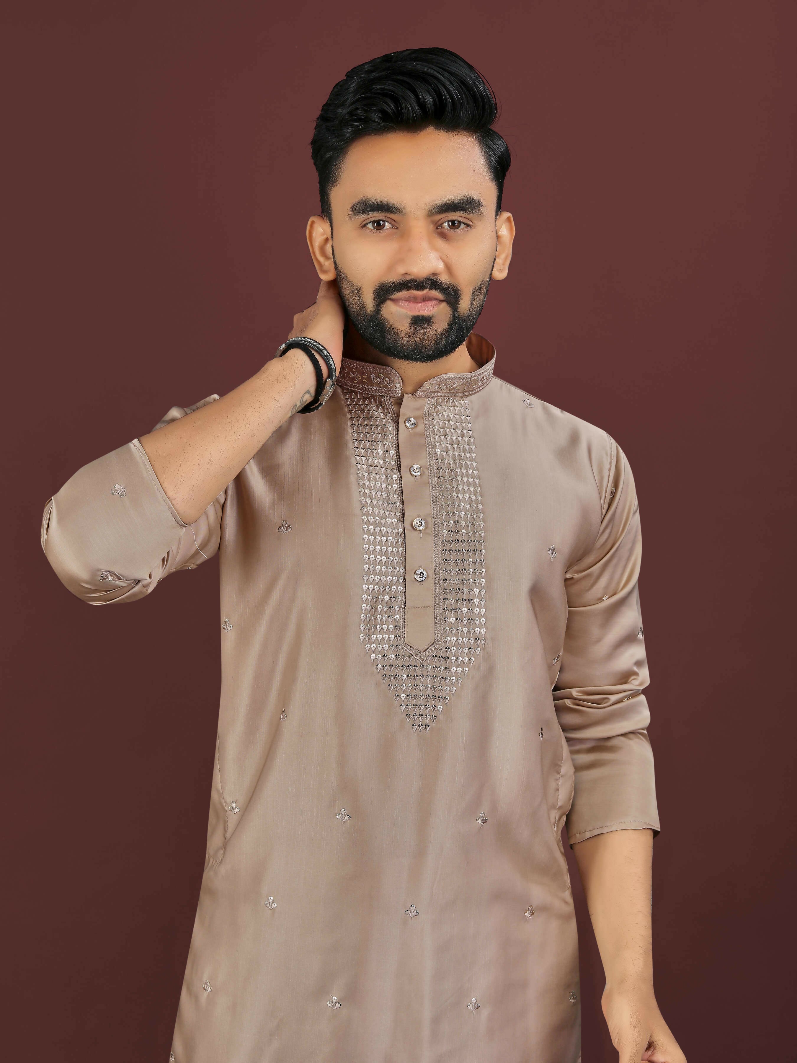 Anaita Brown Embroidered Silk Straight Kurta - Distacart