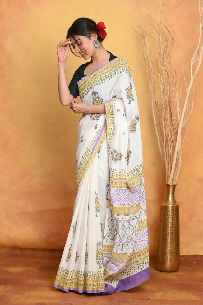 Very Much Indian Handblock Printed Cotton Saree With Natural Dyes - White - Distacart