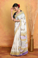 Thumbnail for Very Much Indian Handblock Printed Cotton Saree With Natural Dyes - White - Distacart