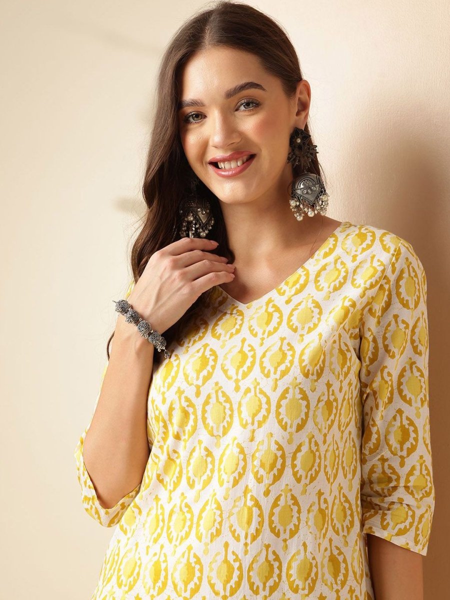 Anouk Yellow and White Ethnic Motifs Printed Pure Cotton Kurta with Trouser & Dupatta - Distacart