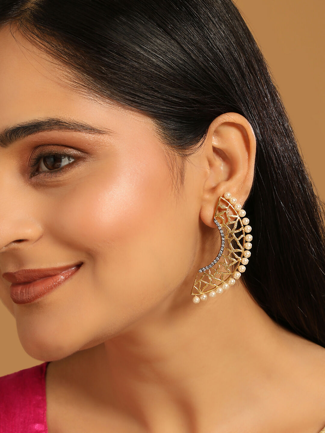 Nuyug 22K Gold-Plated Zircon Studded & Pearl Beaded Contemporary Shaped Statement Stud Earrings