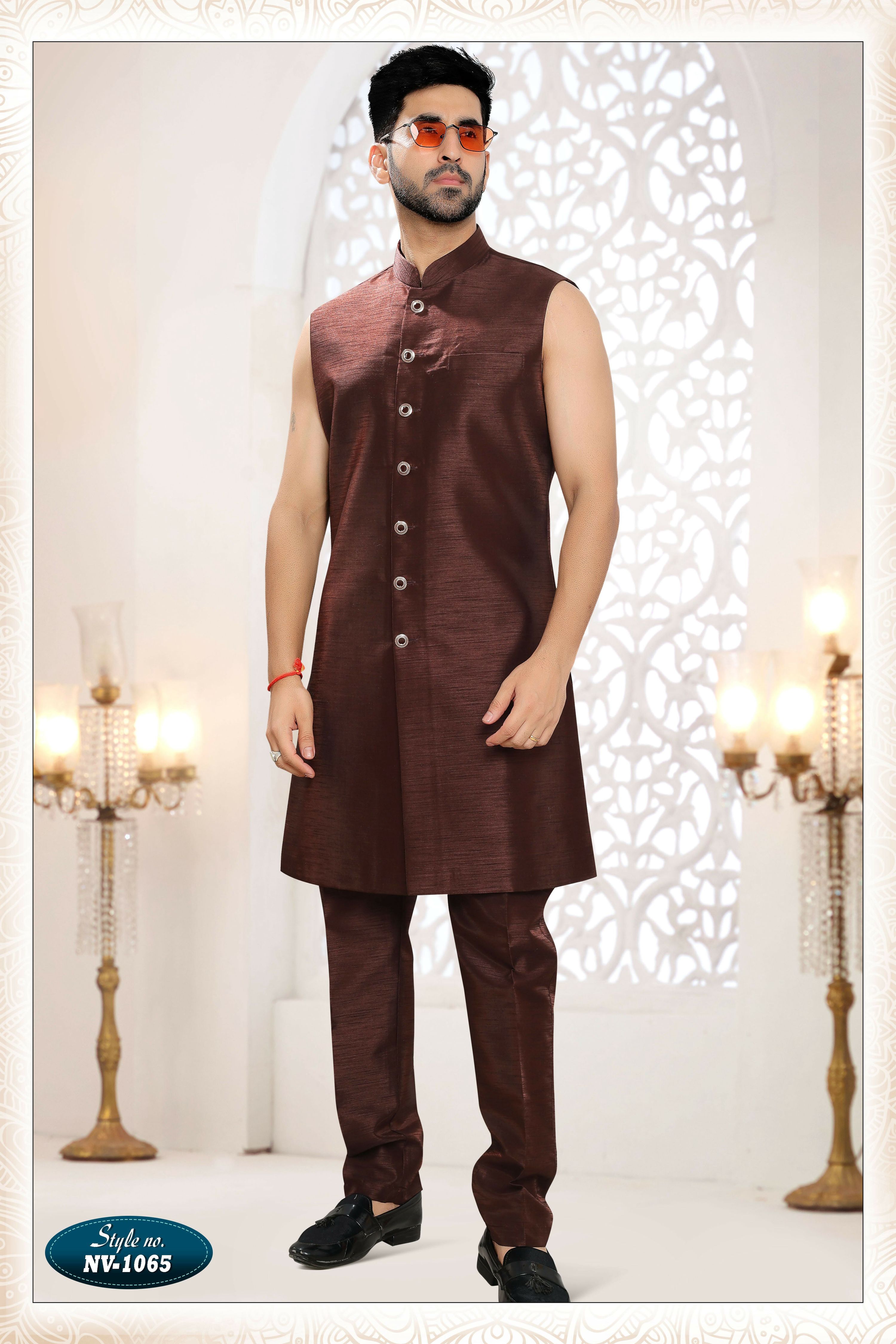 Joban Fashion Men's Skin Brown Straight Silk Thread And Sequence Embroidery All Over 3 Pc Kurta Set - Distacart