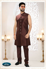 Thumbnail for Joban Fashion Men's Skin Brown Straight Silk Thread And Sequence Embroidery All Over 3 Pc Kurta Set - Distacart