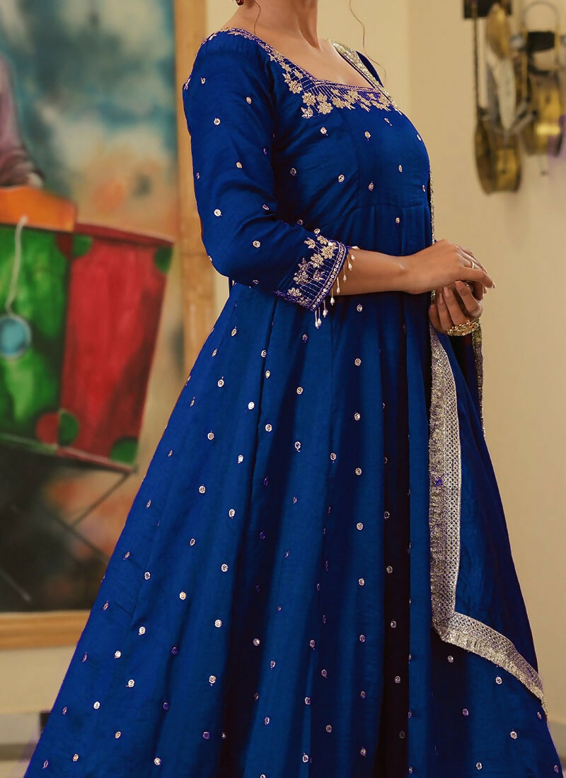 Teeya Creation Royal Blue Color Pure Vichitra Silk Embroidery Work Party Wear Gown