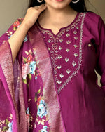 Thumbnail for The52 Wine Women's Gorgeous Embroidered Rayon Fabric Straight Kurta Pant with Dupatta Set - Distacart