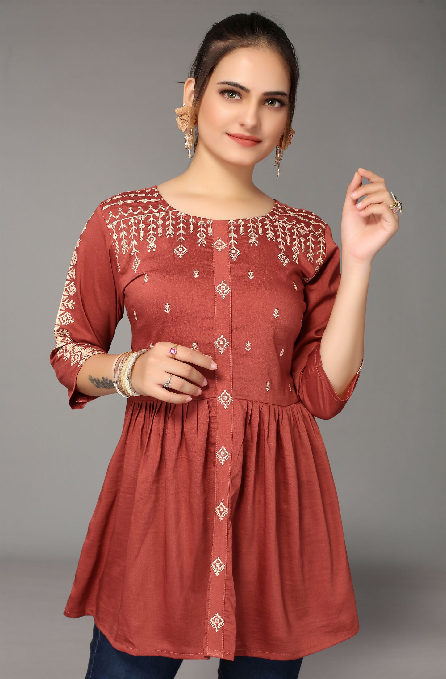 Women's Rust Viscose blend Embroidered Short Top - Marina - Distacart