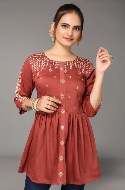 Women's Rust Viscose blend Embroidered Short Top - Marina - Distacart