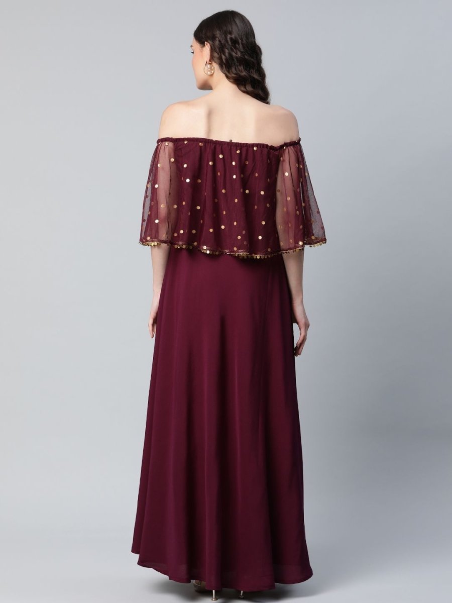 Ahalyaa Women Wine Colour Crepe & Net Gold Printed Dress - Distacart