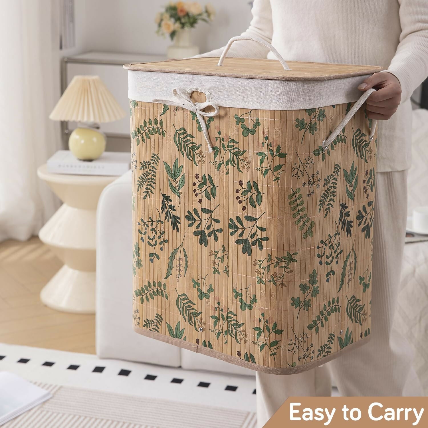 HOKIPO Eco-Friendly Foldable Bamboo Laundry Basket Hamper with Lid - Ficus Leaves - Dista