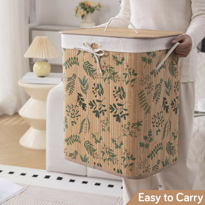 HOKIPO Eco-Friendly Foldable Bamboo Laundry Basket Hamper with Lid - Ficus Leaves - Dista