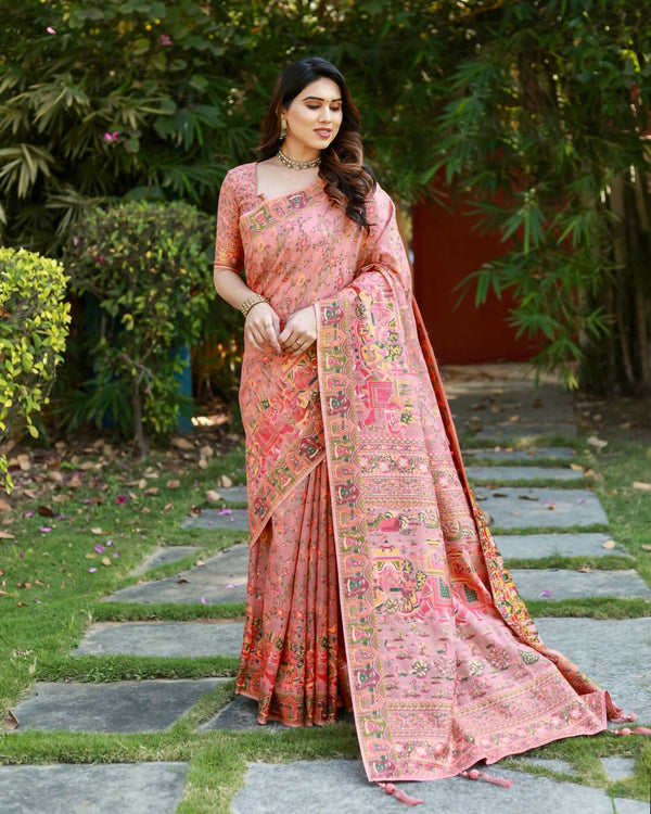 Vastranavya Luxury and Beautiful Soft, Smooth, Flowing Original Pashmina Soft Cotton Saree with Matching Blouse Fabric - Peach - Distacart