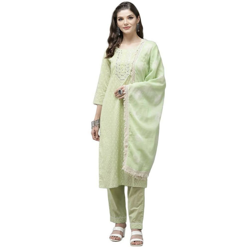Anubhutee Women's Cotton Regular Bandhani Print Mirror Work Green Kurta Set - Distacart