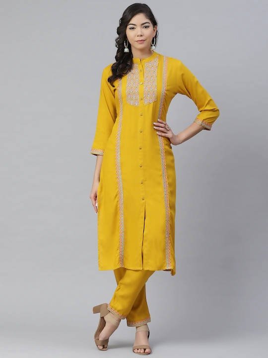 Anubhutee Mustard Yellow & Blue Embroidered Kurta with Trousers - Distacart