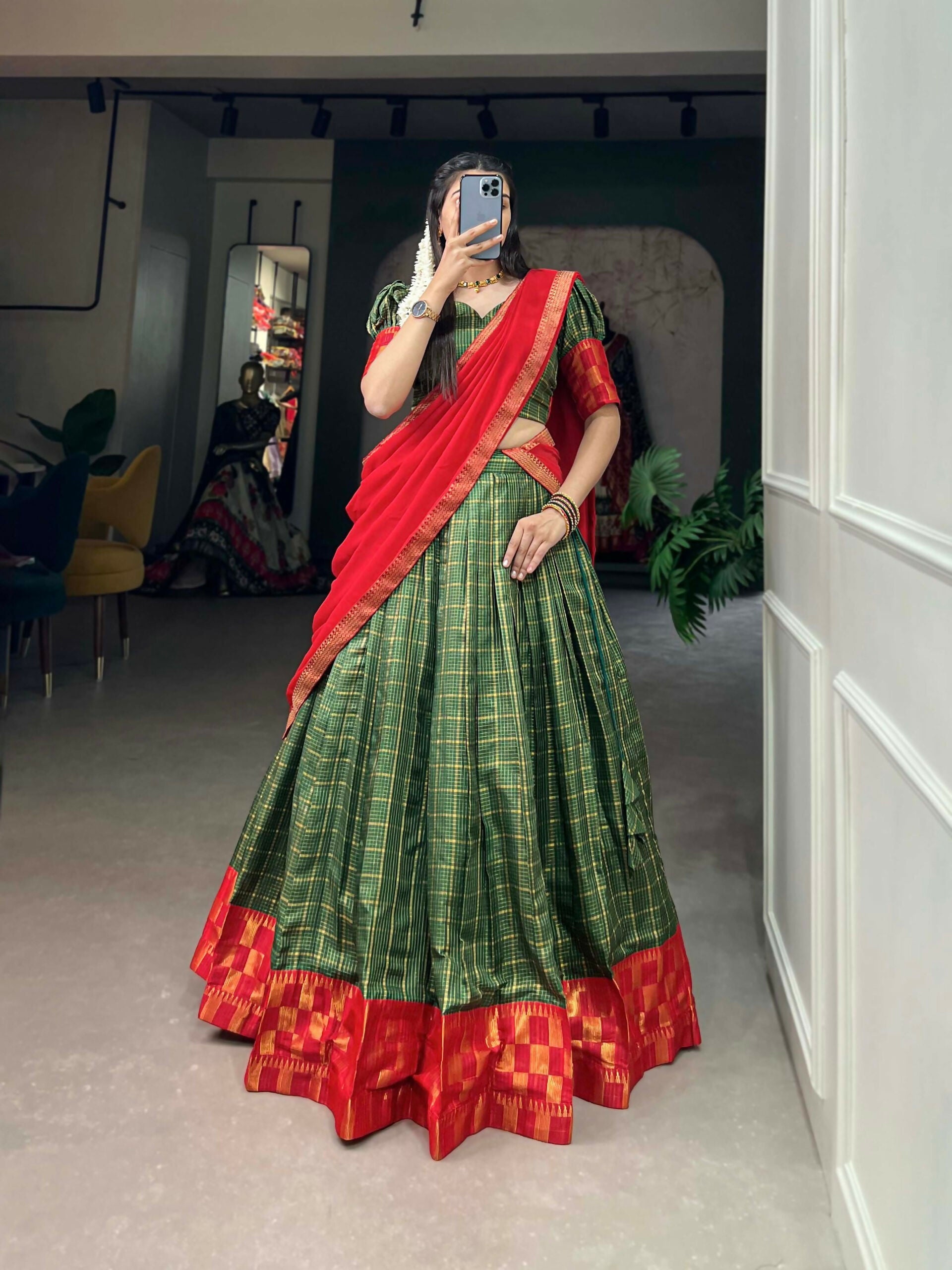 Vastranavya South Indian Style Lehenga Choli - Green - Distacart