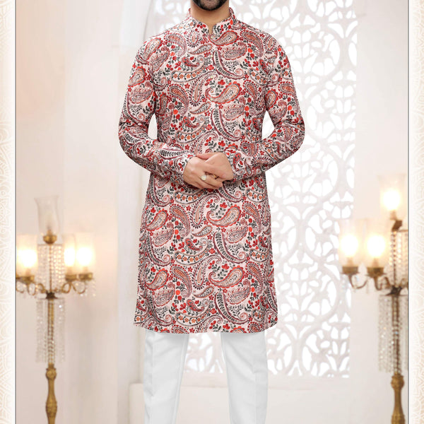 Joban Fashion Men's Cream Straight Rayon Thread And Sequence Embroidery All Over Kurta Set - Distacart