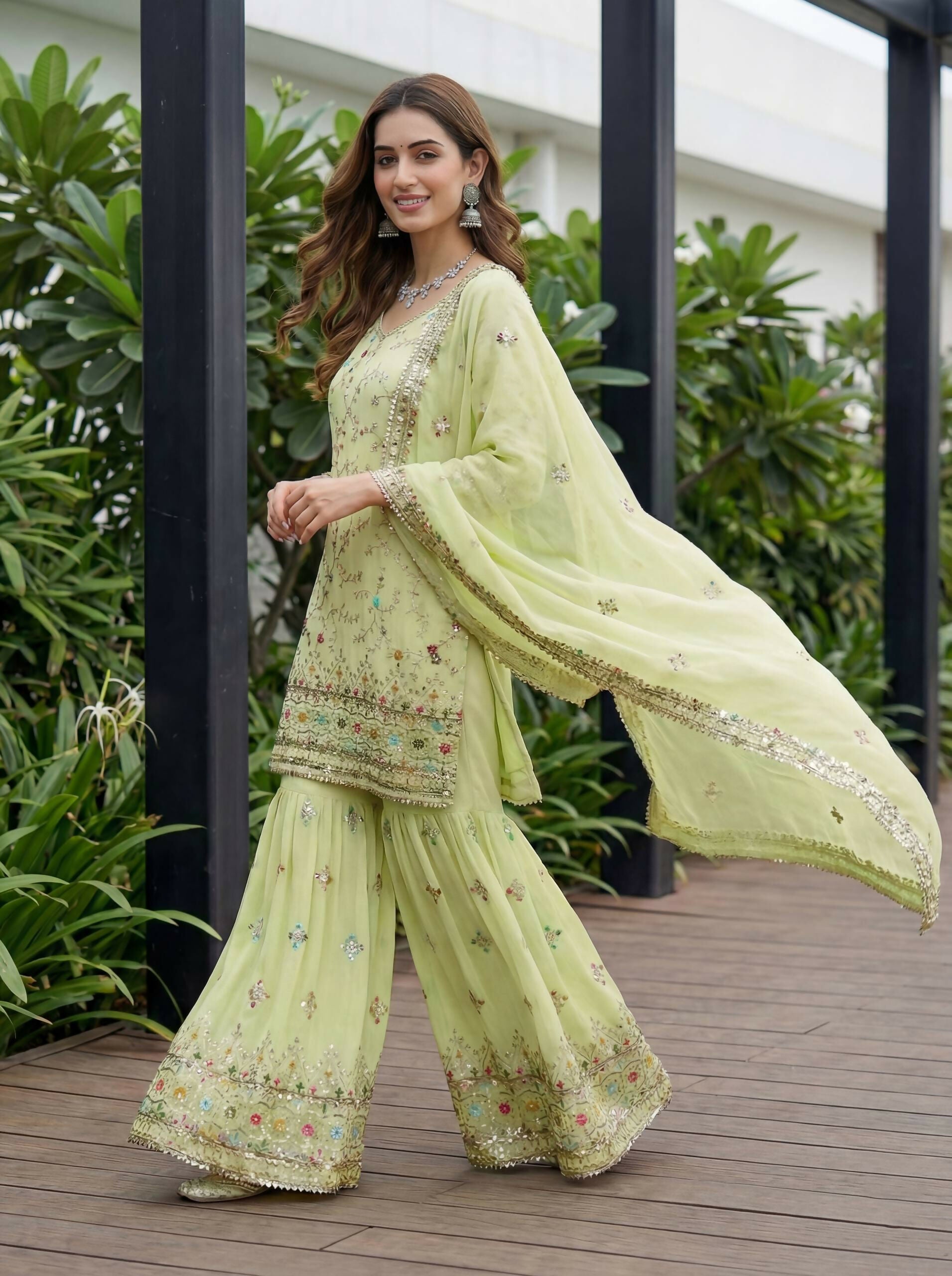 Teeya Creation Pista Faux Georgette Multi Thread Work Wedding Wear Sharara Set - Distacart