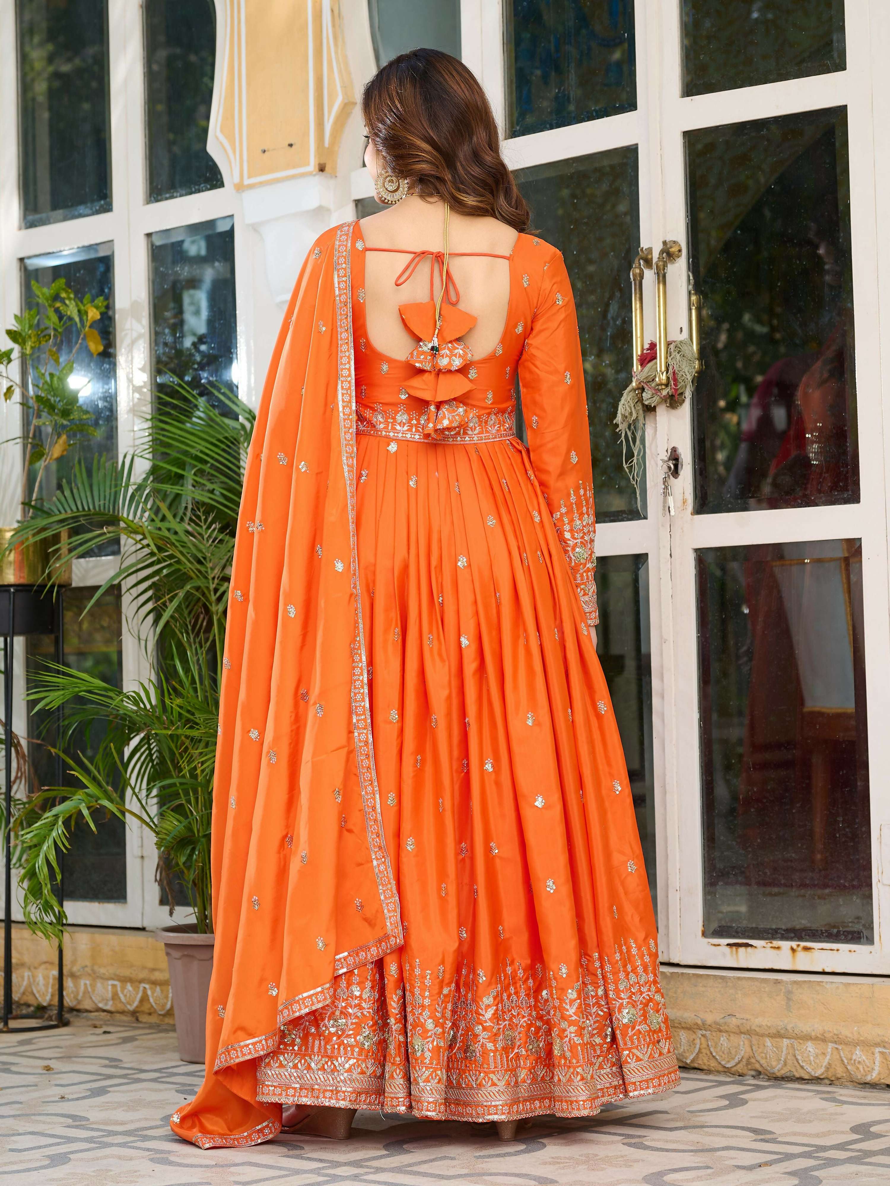 Joban Fashion orange Kurta set with Pant Art silk Thread with Sequins work