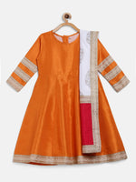 Thumbnail for Ahalyaa Orange Poly Silk Anarkali Kids Kurta With Dupatta Set For Girls - Distacart