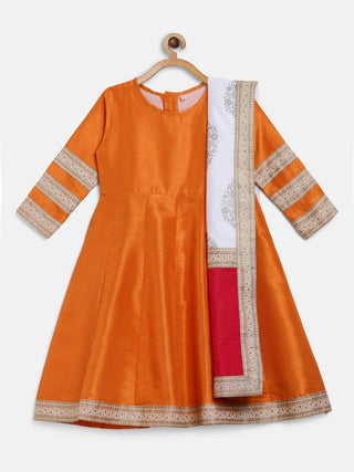 Ahalyaa Orange Poly Silk Anarkali Kids Kurta With Dupatta Set For Girls - Distacart