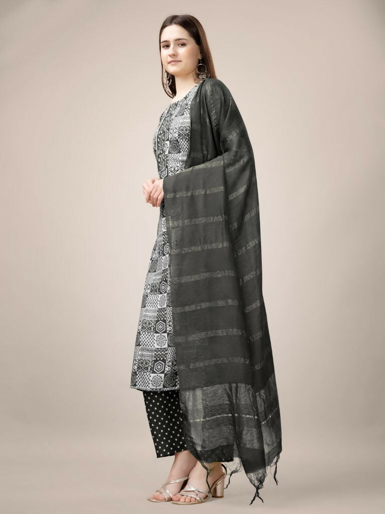 Jyoti Fashion Women's Black Rayon Print with Embroidery & Fancy Lace Work Kurta with Trouser & Dupatta - Distacart