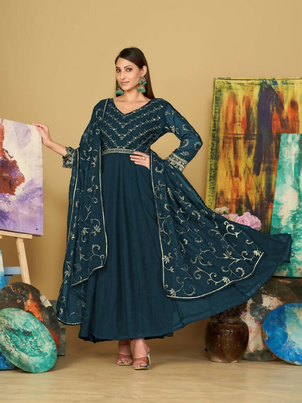 Jyoti Fashion Women's Teal Georgette Embroidered Anarkali Kurta Pant Set With Dupatta - Distacart