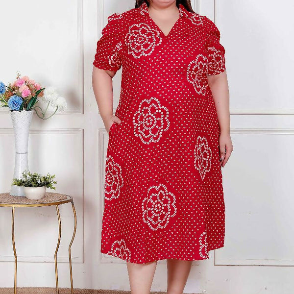 Miravan Plus Size Womens Red Bandhani Printed Collar Neck Maxi Dress - Distacart