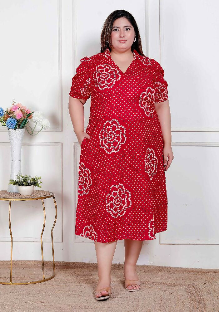 Miravan Plus Size Womens Red Bandhani Printed Collar Neck Maxi Dress - Distacart