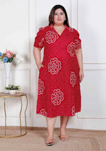 Thumbnail for Miravan Plus Size Womens Red Bandhani Printed Collar Neck Maxi Dress - Distacart
