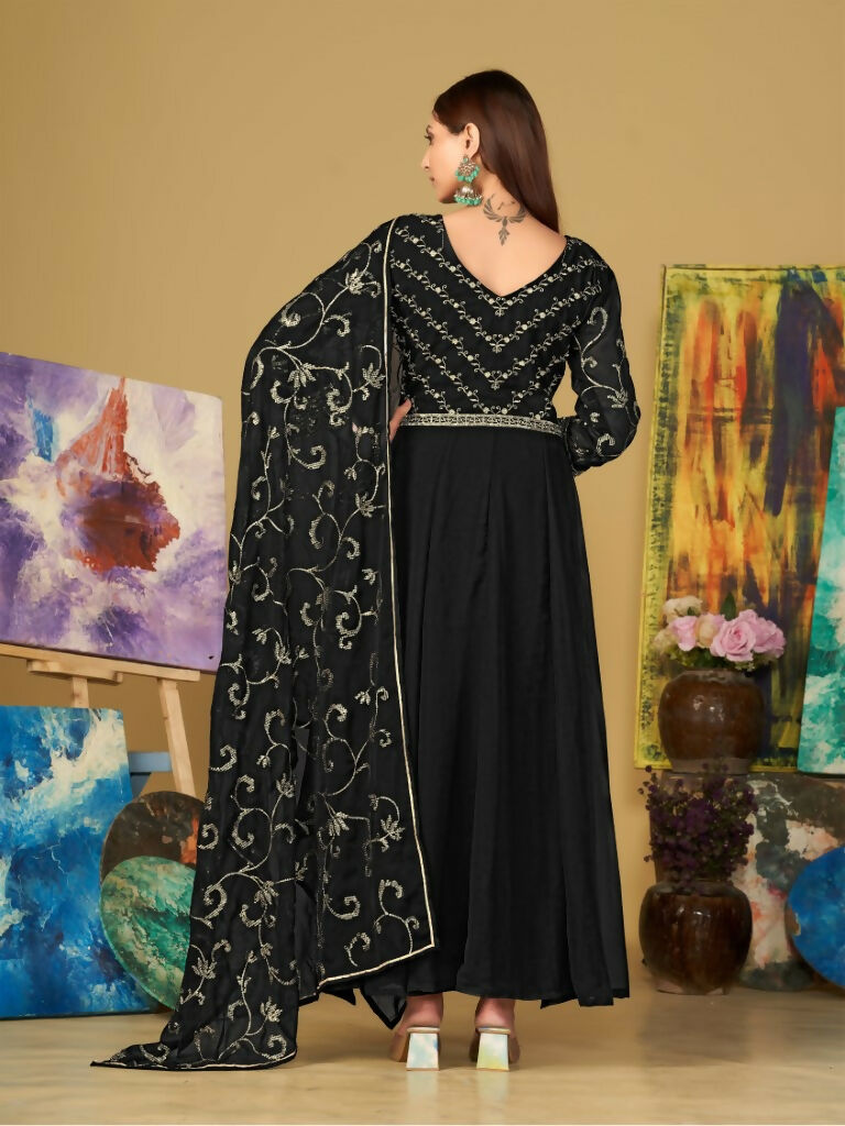 Jyoti Fashion Women's Black Georgette Embroidered Anarkali Kurta Pant Set With Dupatta - Distacart