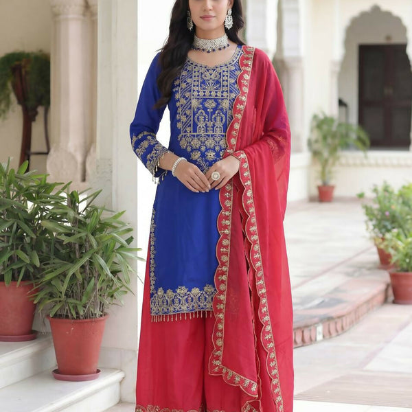 Joban Fashion Blue Silk Embroidered Sharara Set - Distacart
