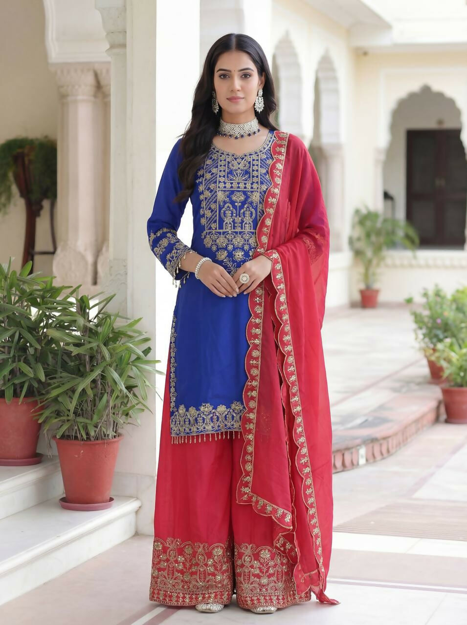 Joban Fashion Blue Silk Embroidered Sharara Set - Distacart