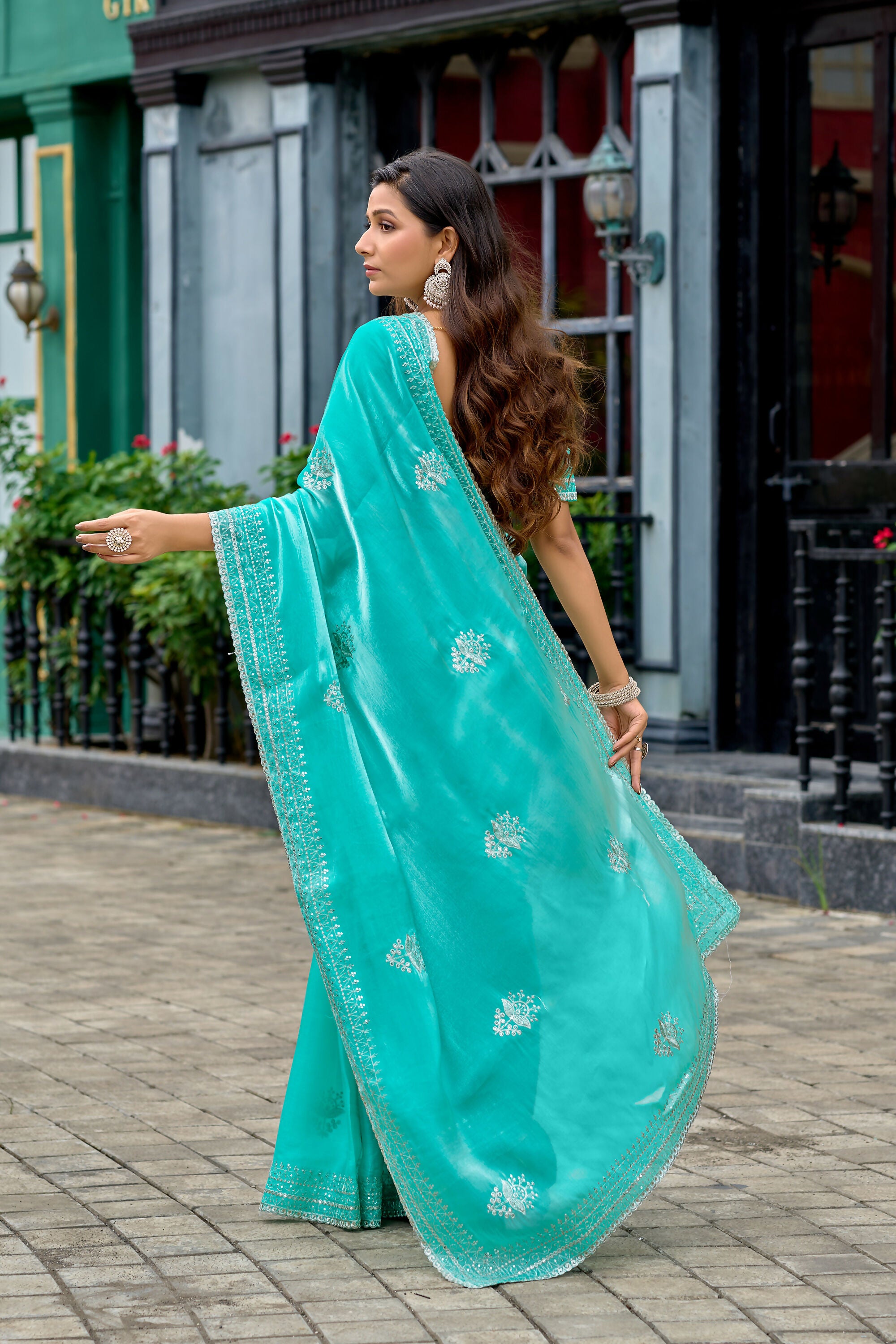 Vastranavya Turquoise Embroidery Work Shimmer Chiffon Saree with Unstitched Blouse