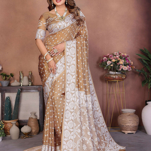 Aastha Fashion Light Brown Viscose Silk Handmade Original Bandhej Saree - Distacart