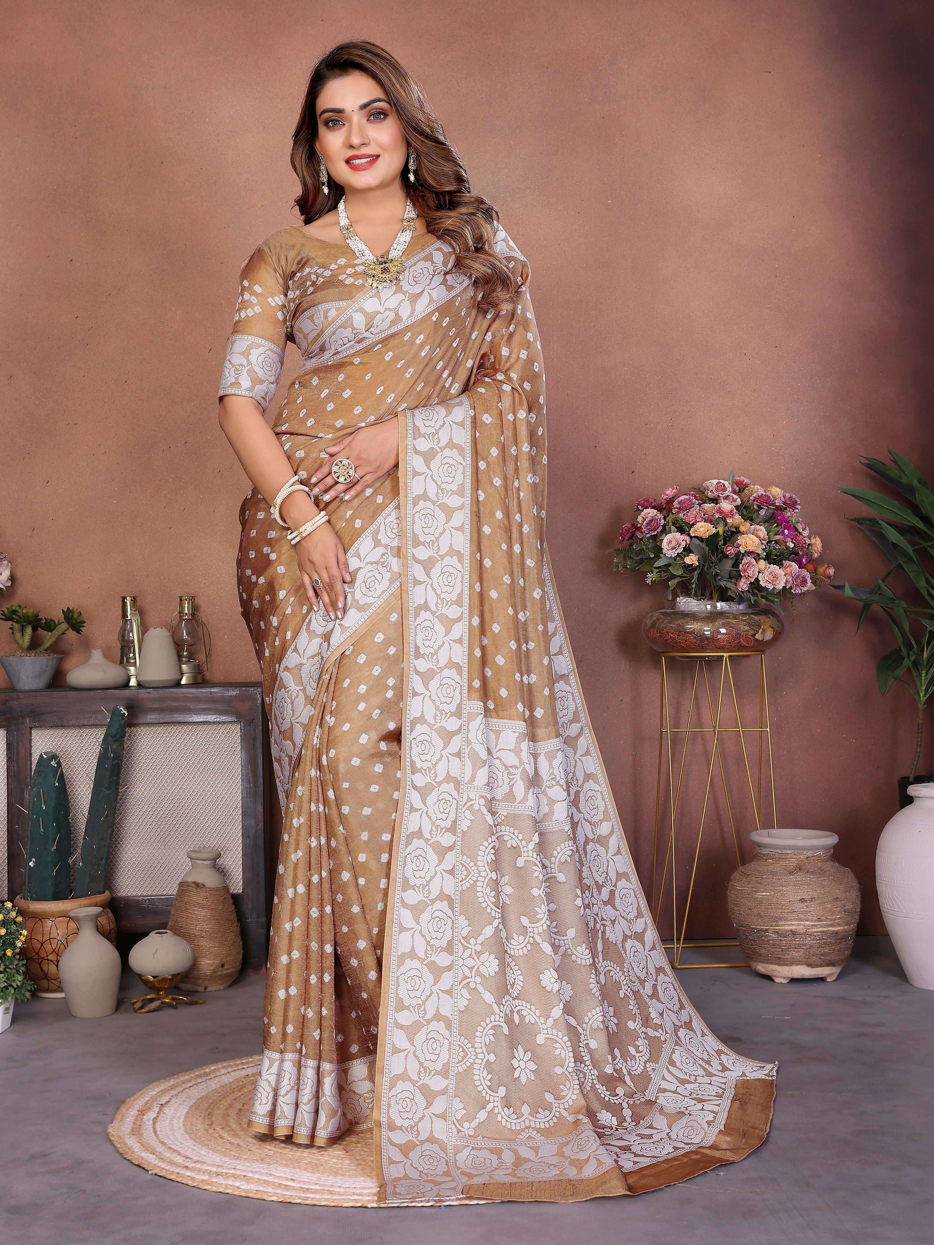 Aastha Fashion Light Brown Viscose Silk Handmade Original Bandhej Saree - Distacart